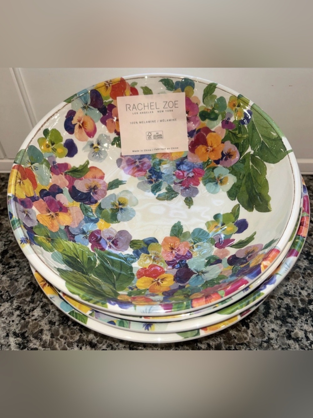 Rachel Zoe Melamine 8” Spring Pansy Salad Cereal Dessert Bowls Set 6 NWT